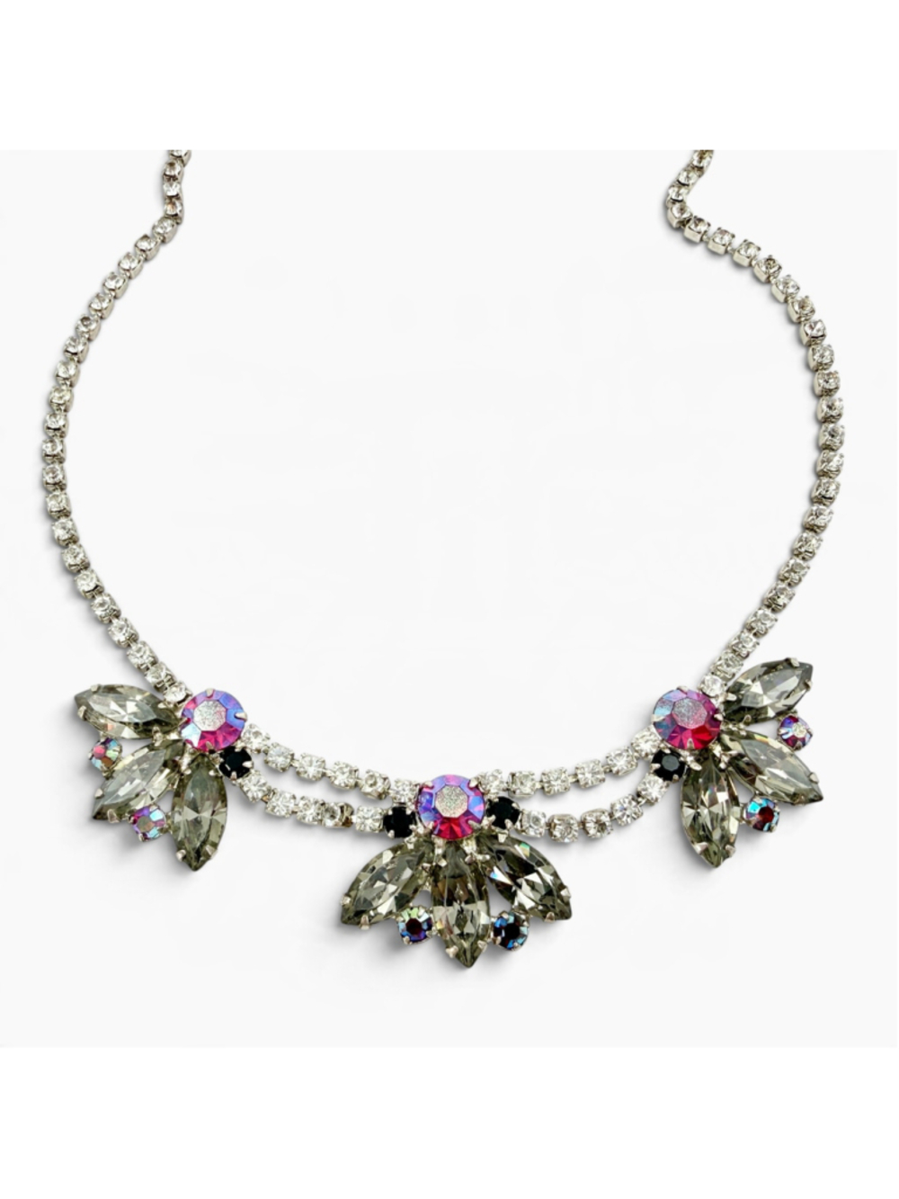 Vintage Rhinestone Bib Necklace with Smoky Gray and Pink AB Stones
